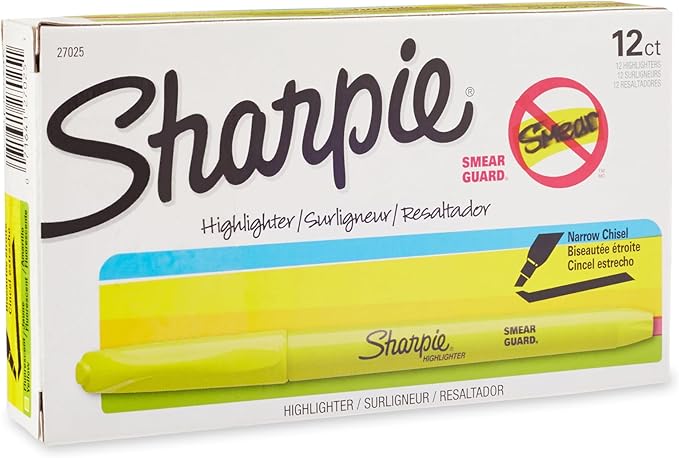 Sharpie Pocket Style Highlighters, Chisel Tip, Fluorescent Yellow, Box of 12