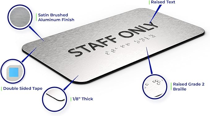 Staff Only Sign for Business - Office Signs, Aluminum Brushed Silver, Tamper-Proof, Heavy Duty Mounting Tape, Easy Install, Office Décor, ADA Compliant, Grade 2 Braille (7” W x 4” H) ADASigns.org