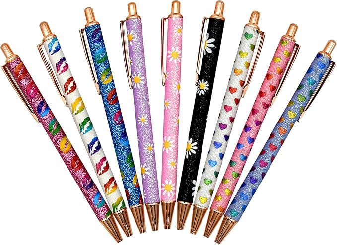 9 PCS Sparkle Glitter Heart Pens - Metal Daisy Flower Wedding Retractable Ballpoint Pens with Lip Print, Perfect for Women, Ladies, School, Party, Office, Valentine's Day, Birthday