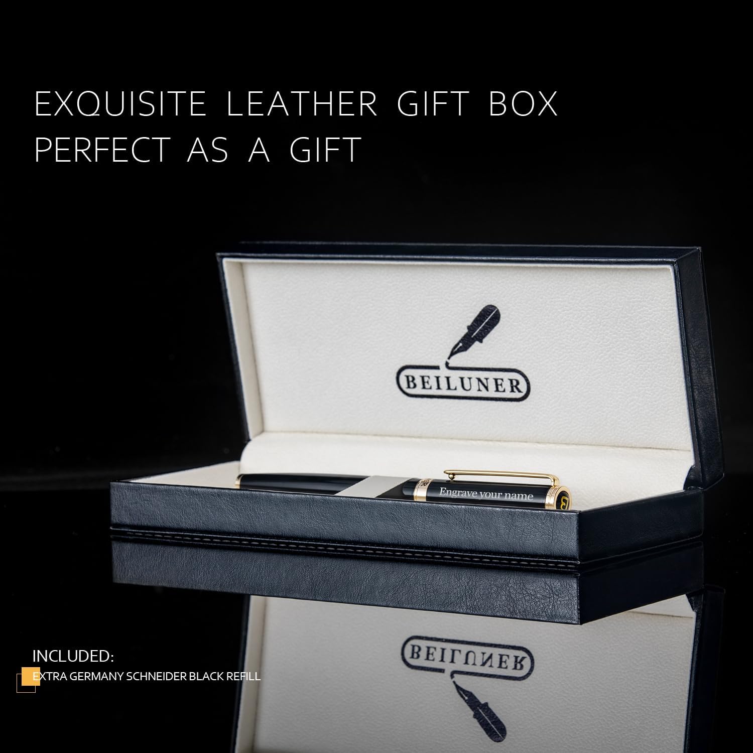 BEILUNER Black Personalized Pen,Stunning Luxury Lacquer With 24K Gold,Schneider Ink Refills,Multiple Fonts To Custom Rollerball,Gift Pen For Men & Women,Executive,Graduation,Christmas,Nice Pens