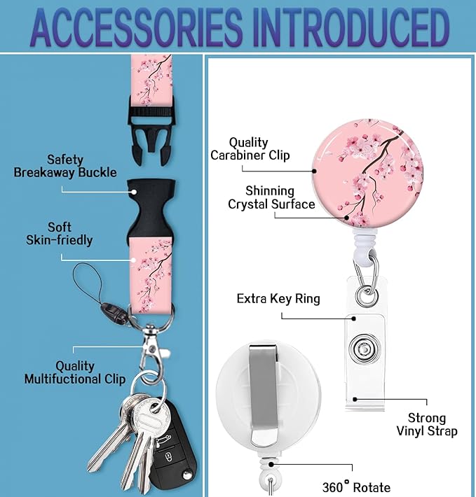 ID Badge Holder with Retractable Lanyard and Keychain, Badge Reel with Rotate Carabiner Clip,Pink Blooming Flower Card Name Tag Lanyard ID Protector Bage Clips for Student, Women, Office