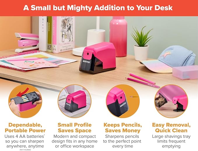 Bostitch Office Battery Pencil Sharpener, 4X Longer Cutter Life, Tip Saver Technology, Pink
