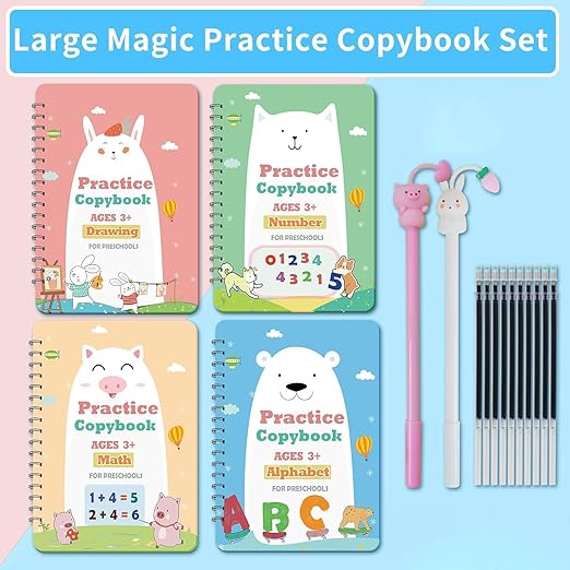 Reusable Grooved Handwriting Practice Workbook,Magic Practice Copybook,Reusable Writing Practice Book, for Preschool Kids Age 3-8 Calligraphy (Blue Bag, 10.3inx7.3in)