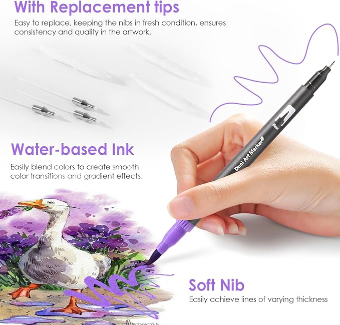 Double Brush Marker Pens, 72 Colors Art Markers Set with Fine Tip and Brush Tip for Kids Adult Coloring Book Hand Lettering Calligraphy Drawing Art Supplies Kit