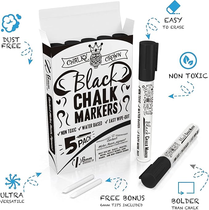 CHALKY CROWN Liquid Chalk Marker Pen - Dry Erase Marker - Chalk Markers for Chalkboard Signs, Windows, Blackboard, Glass - 6mm Reversible Tip (Black, 5 Pack)