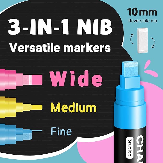 Window Chalk Markers for Glass Washable, 10 Colors Jumbo Liquid Chalk Marker with 10mm 3 in 1 Nib Thick Wide Tips, Big Chalkboard Markers, Car Paint Pen for Auto, Bistro, Mirror, Poster, Blackboards