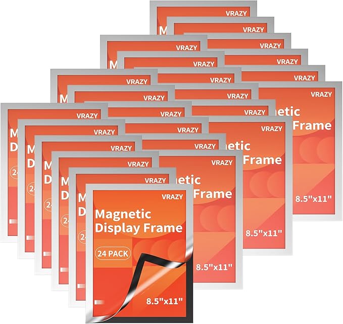 24Pack Magnetic Sign Holder 8.5 x 11 Wall Mount, Self Adhesive Display Magnetic Picture Frames Sheet With Strong Magnet Border for Window/Door/Fridge, Document Poster Paper Holders for Home Office Store, Silver