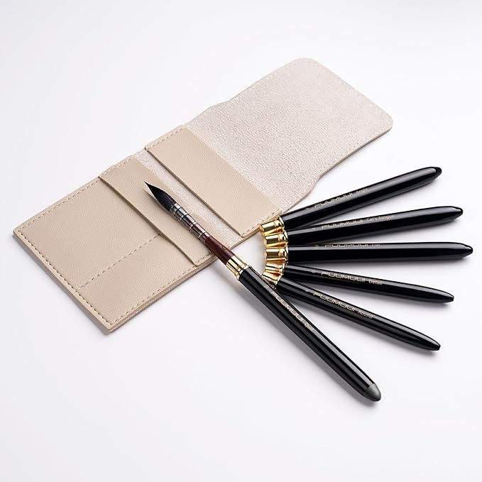 Travel Watercolor Brushes, Fuumuui Professional 6pcs Natural Soft Squirrel Hair Watercolor Travel Brush Set with Graphite Tip Pen Perfect for Watercolor Gouache Ink Painting