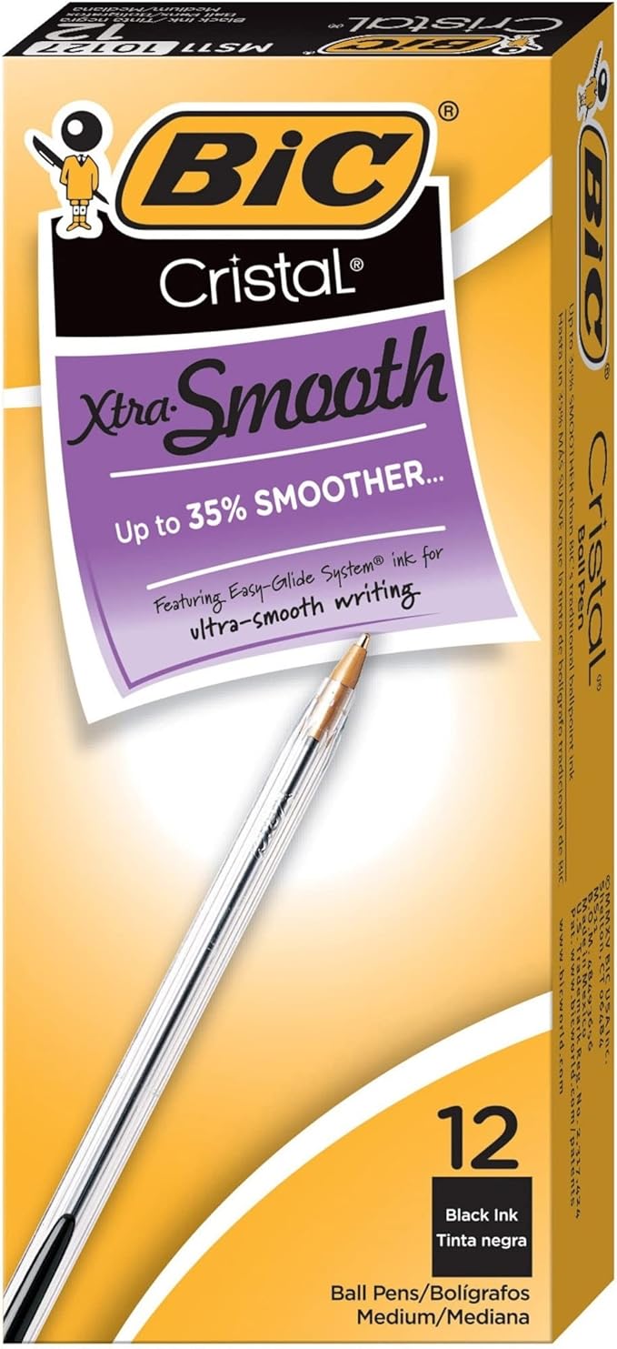 BIC Cristal Xtra Smooth Black Ballpoint Pens, Reliable Medium Point (1.0mm), 12-Count Pack