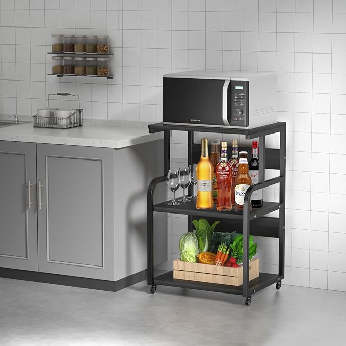 Large Printer Stand with 3-Tier Wood Storage Shelves -Multi-Purpose Desk Organizer- for Printer Scanner Fax Home Office Use with Wheels (Black)