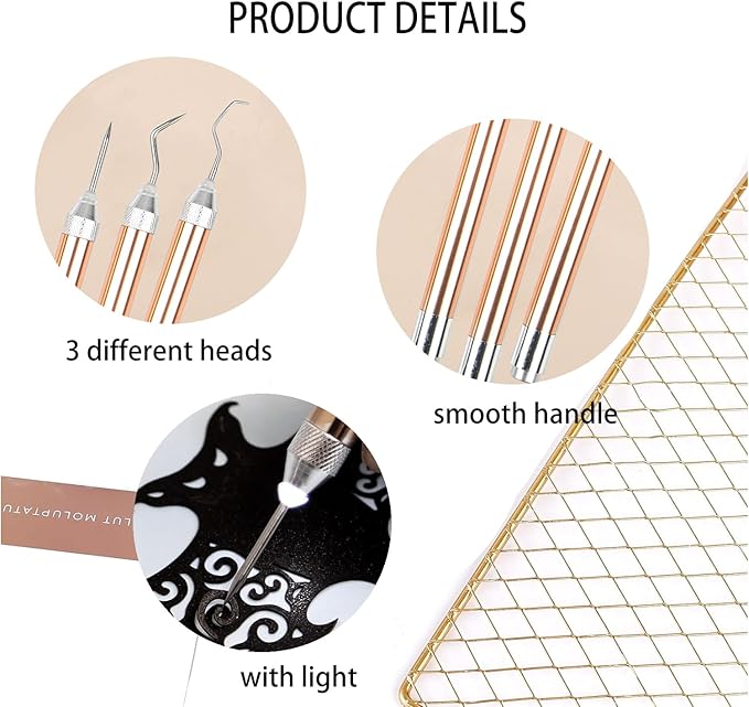 3PCS LED Weeding Tools for Vinyl with Light with Pin and Hook Lighted Pin Pen Weeding Tool for for Removing Iron on Tiny Vinyl Paper Silhouette Cutting Machines Supply (Rose Gold)