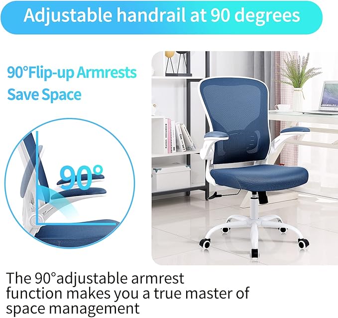 Flysky Ergonomic Office Desk Chair Breathable Mesh Swivel Computer Chair, Lumbar Back Support Task Chair, Office Chairs with Wheels and Flip-up Arms, Adjustable Height(White & Blue)