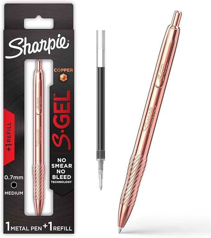 Sharpie S-Gel, Gel Pen, Copper Metal Body, Medium Point (0.7mm), Black Ink, Includes 1 Pen and 1 Additional Ink Refill