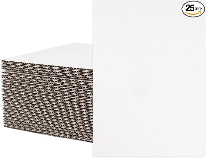 Mat Board Center, 25 pack 5x7 Corrugated Cardboard sheet, 1/8 inch thick, Flat Cardboard Inserts for Mailing, Packaging & Shipping, Cardboard Backing, Craft Card Board (White on one side)