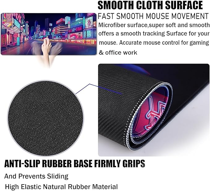 Japanese City Big Desk Mat Large Office Desk Pad, Durable Extended Mouse Mat, 35.4"x15.7" Computer Mousepad with Non-Slip Rubber Base & Stitched Edge for Home Office Gaming Work