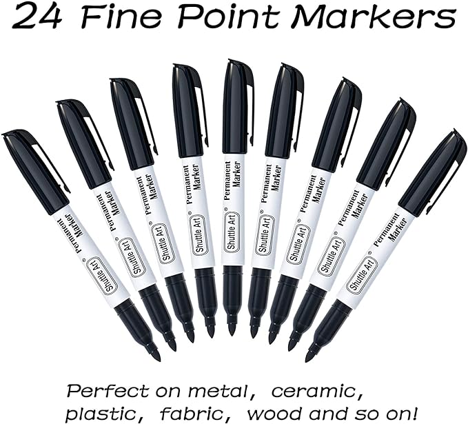 Shuttle Art Permanent Markers, 24 Pack Black Permanent Marker set,Fine Point, Works on Plastic,Wood,Stone,Metal and Glass for Doodling, Marking