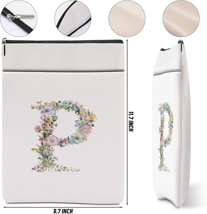 Monogrammed Book Sleeve Floral P Initial Book Pouch Book Accessories Book Lovers Gifts Waterproof Book Cover Book Protector Bookish Gifts Personalized Gifts for Women Girls Readers Bride Girlfriend