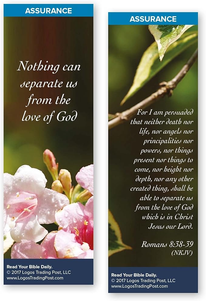 Christian Bookmark with Bible Verse, Pack of 25, Assurance Themed, Nothing Can Separate Us From the Love of God, Romans 8:38-39