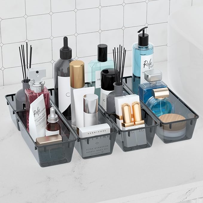 WOWBOX 6 Pack Clear Drawer Organizer Set, Acrylic Drawer Storage Trays, Storage Bins for Makeup, Cosmetics, Jewelries, Utensils, Gadgets, Office, Black