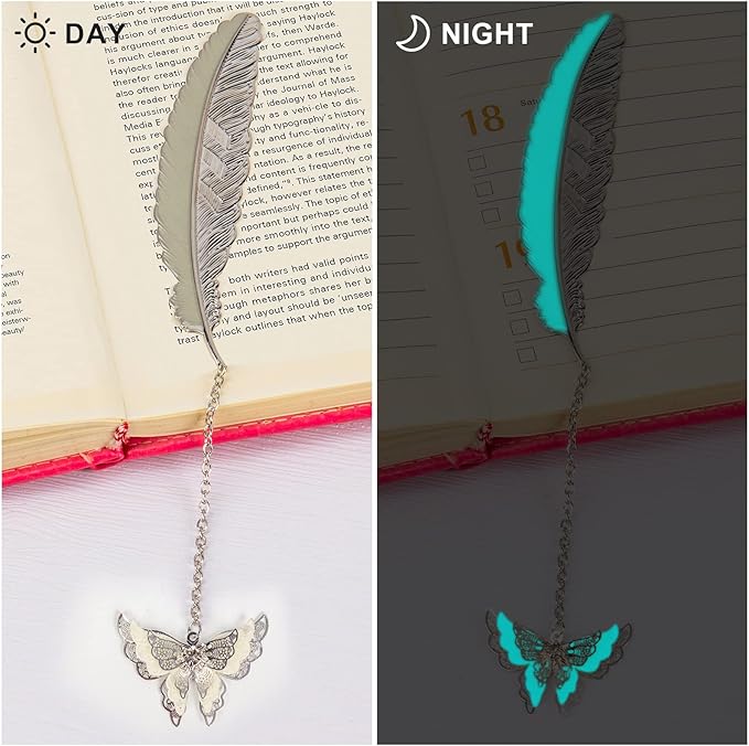 Feather Metal Bookmark with 3D Butterfly Pendant, Unique Glow in The Dark Butterfly Bookmark, Mothers Day, Thanksgiving, Valentine's Day Gifts Gift for Women Her (Silver Butterfly)