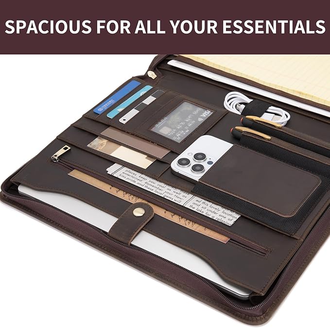 Personalized Genuine Leather Portfolio Binder, Zippered Padfolio for Men Women, Business Folio with 8.5” x 11” Notebook Holder and 13” Laptop Sleeve, Professional Folder, Dark Khaki