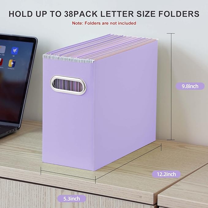 Oterri File Organizer, Small Storage Box, Cardboard File Folder Organizer, Collapsible File Box, Hanging File Organizer for Letter Size, Portable File Box with Handle, Only Box (Purple, 2 Packs)