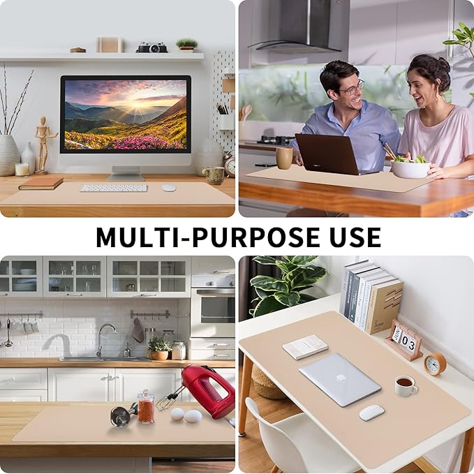 Leather Desk Pad, Large Mouse Pad, Leather Desk Blotter, Non-Slip Desk Pad Protector, Office Desk Pad, Waterproof Desk Mat for Home Office and Decor - Beige (35.4×15.7 Inches)