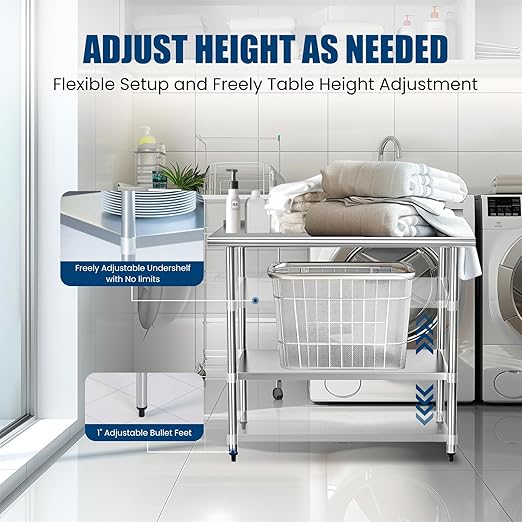 Stainless Steel Table 24 x 30 Inches Metal Prep Table with Backsplash & Adjustable Undershelf, Stainless Table for Commercial Kitchen, Outdoor, Restaurant, Hotel & Garage