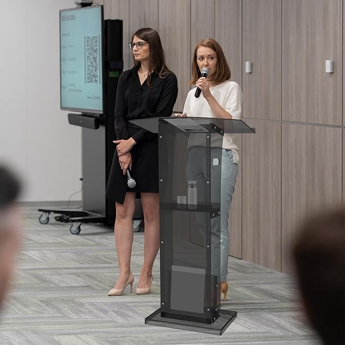 Acrylic Podium Stand with Storage Shelf,Black Lecterns & Podiums,Pulpits for Churches,Conference,Speeches,Weddings,Classroom,Concert,47" H Professional Presentation Podiums