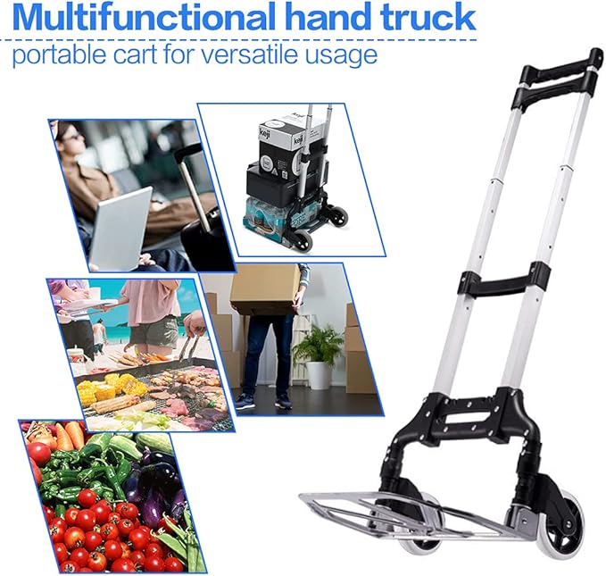 Folding Hand Truck, 165lbs Capacity Lightweight Portable Folding Dolly Multi-fuctional Foldable Hand Cart Heavy Duty Utility Cart for Home Shopping Office and Travel Use (Black 2 TPR Wheels)