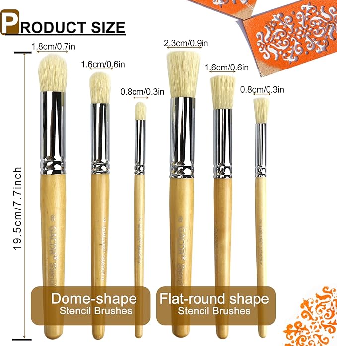 Wooden Stencil Brush Set, 6 Pieces Natural Hog Bristle Dome Stencil Brushes for Painting On Wood Wall, Stencil Projects, Card Making, DIY, Crafts and Acrylic Oil Watercolor Painting…