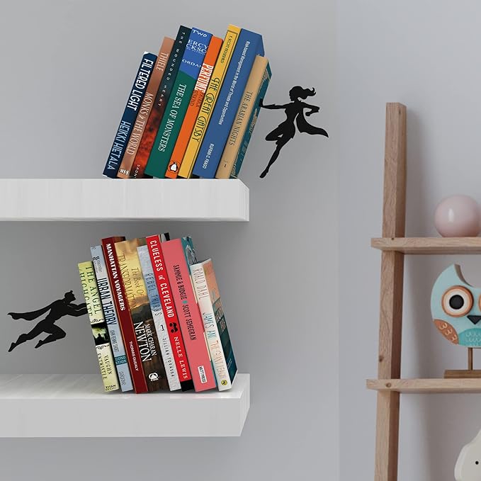 Artori Design Book Ends to Hold Books Heavy Duty Hidden Metal Bookends for Shelves Bookend Book Holder for Home Decorative Gift for Book End Lovers and Home Décor (Supergal+Book&Hero)