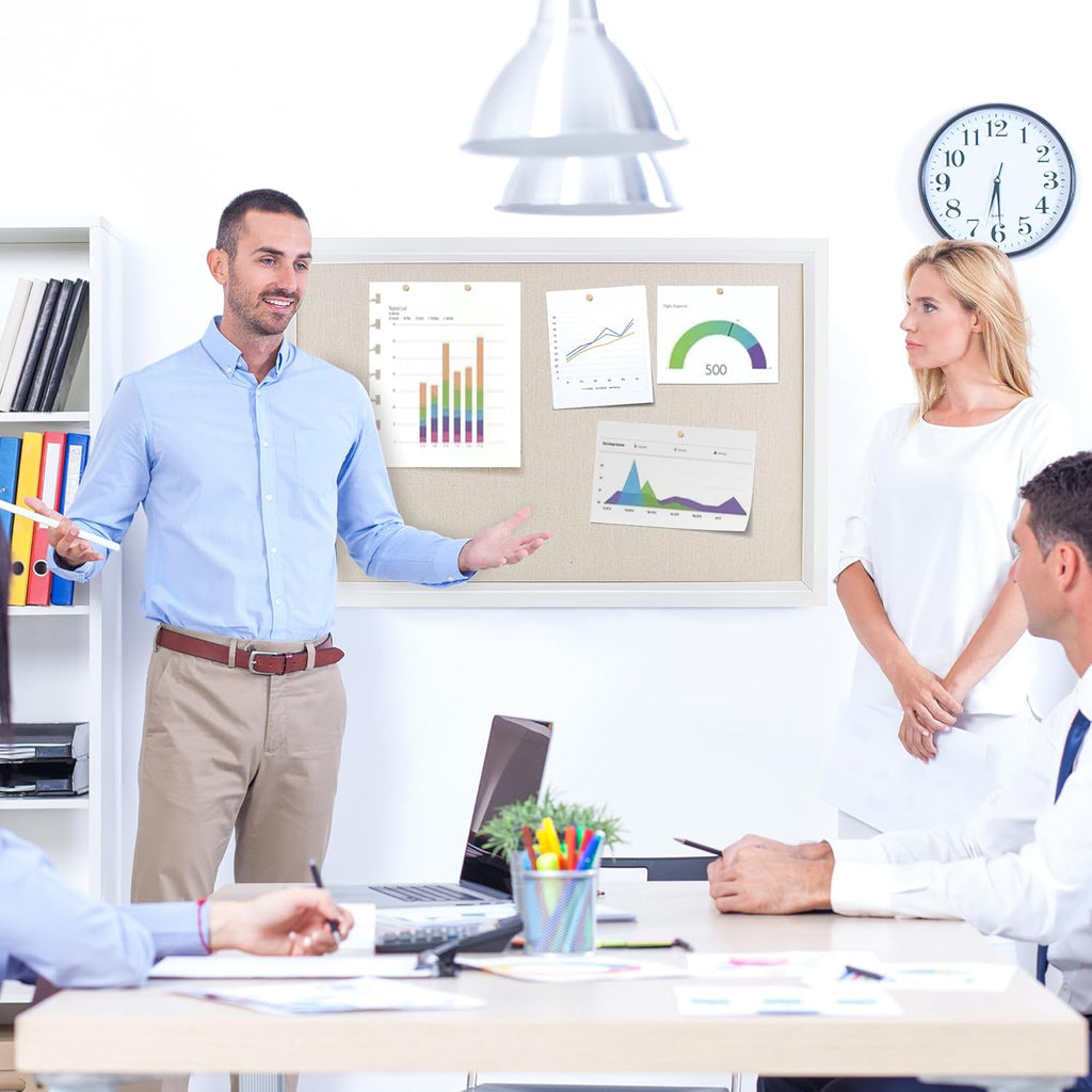 Bulletin Board Cork Board with Linen, 100% Wood Framed 30" x 20" Bulletin Board Decorations, Pin Boards for Walls, Wall Mounted Fabric Picture Board with 10 Pushpins for School, Home & Office, White