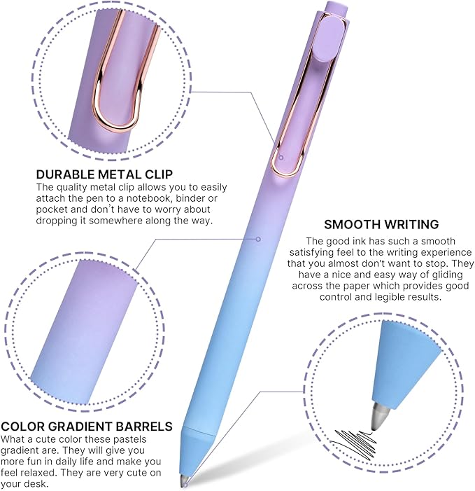 Gel Pens, 12 Pcs Smooth Writing Pens No Bleed & Smear, Black Ink Cute Pens Fine Point (0.5mm), Retractable Aesthetic Journaling Pens School Office Supplies for Women & Men