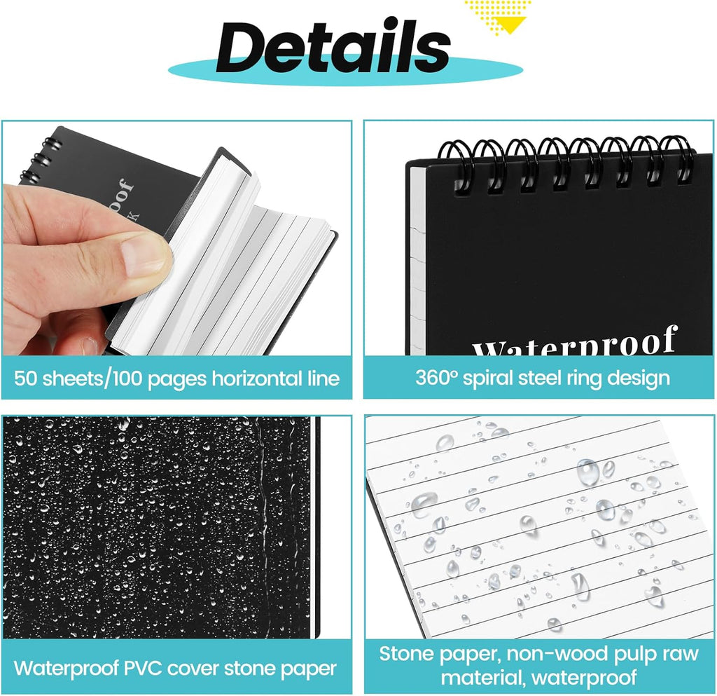 6 Pack Waterproof Notebook, 3x5 Pocket Notepad, Small Top Spiral Stone-Paper Notepad, Mini Pocket Notebook, Little Memo Note Pads for Outdoor, Office, School, Travel (Black)