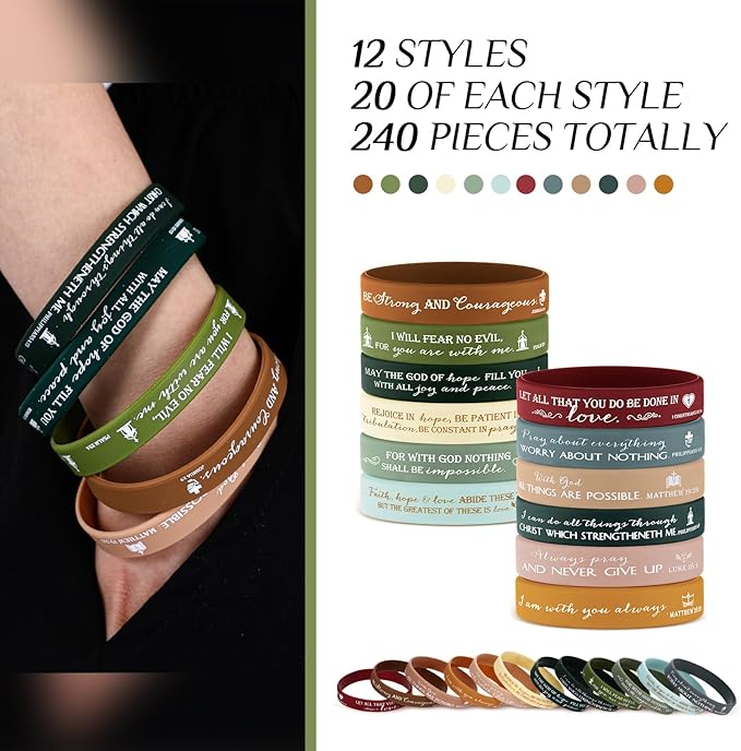 Unittype 240 Pcs Christian Silicone Bracelets Bulk Scripture Gifts Bible Verse Rubber Wristbands Religious Church Gifts for Women Men Party Favors Birthday Easter Baptism Gifts(Retro Color)