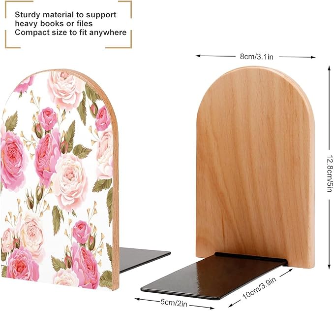 2 Pack Wood Bookends, Pink Floral Flower Rose Non-Skid Book Ends for Heave Books, Decorative Bookends for Shelves Desk, Book Stoppers Book Holders for Home Office Library School