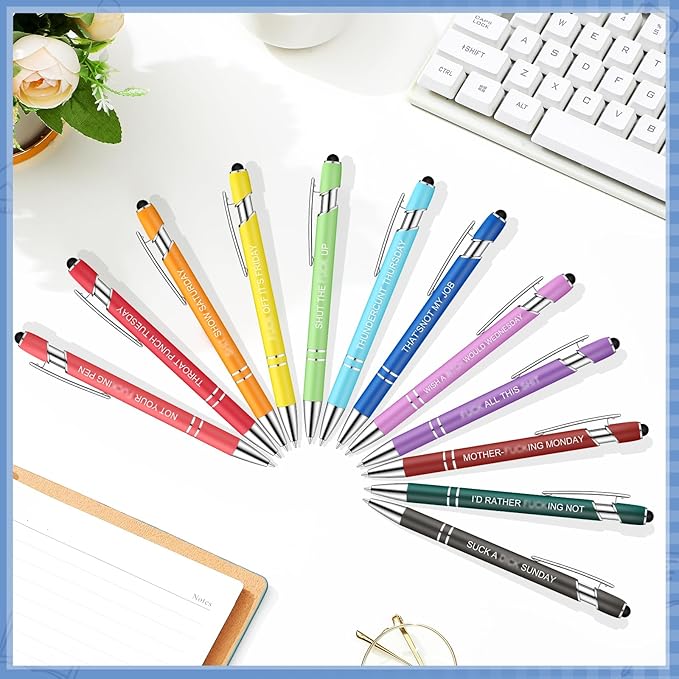 Zonon 12 Pieces Inspirational Pens Bulk Easter Basket Stuffers Motivational Quotes Ballpoint Pens with Stylus Tip Inspirational Gifts for School Office Teachers(Fancy Color,Funny Week)
