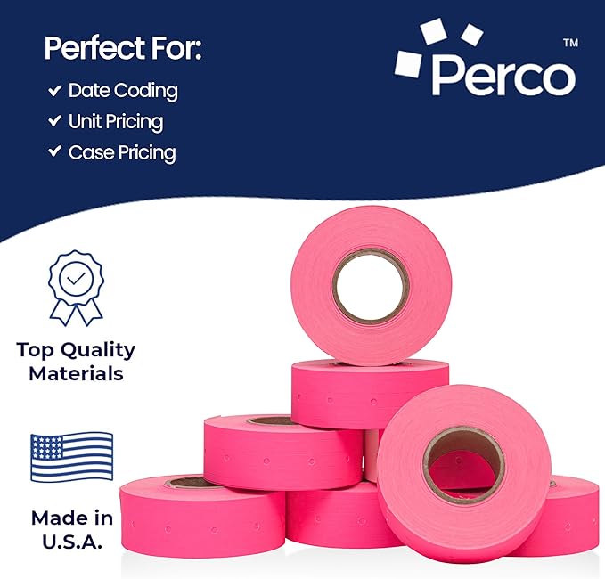 Perco 2 Line Fluorescent Pink Labels - 8 Rolls, 1 Sleeve, 6,000 Blank Price and Date Gun Labels for Perco 2 Line Price and Date Guns - Made in USA