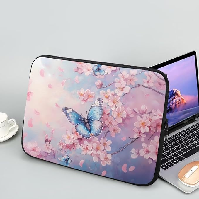 Butterfly Print Laptop Bag for Girls, 15 Inch Peach Blossom Laptop Sleeve Soft Laptop Case Bag for Girls, Waterproof Laptop Briefcase Computer Bag with Zipper