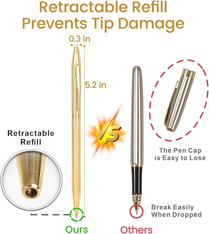 Cambond Ballpoint Pens Gold Pen - Nice Pens for Wedding Guest Book Fancy Pens for Gift Smooth Writing Pens with Black Ink 1.0mm Medium Point, 3 Pens with 3 Refills (Gold)