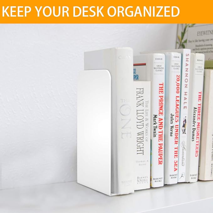 VFINE Book Ends, White Metal Bookends, Book Ends for Shelves, Bookends for Shelves, Bookend, Book Ends for Heavy Books, White 1 Pair
