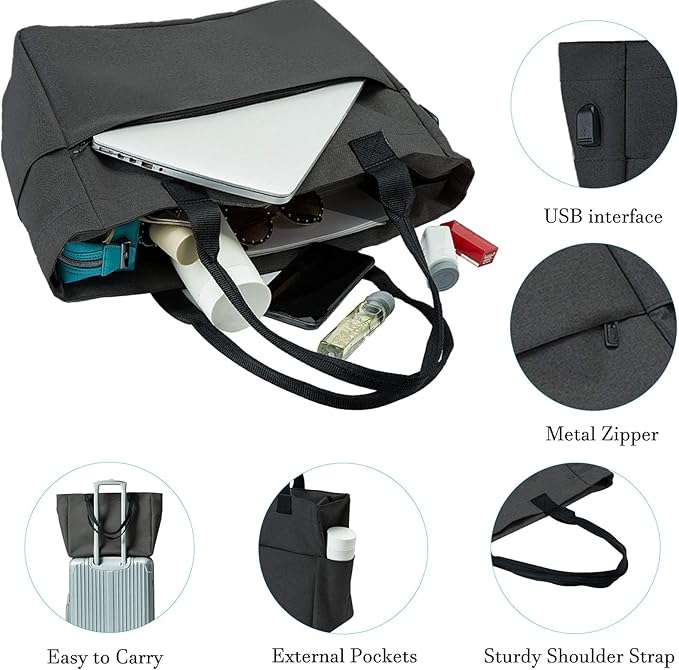 Tote Bag for Women Large Work Bags Laptop 15.6-17 Inch Handbag Purse Book Bag with Zipper for Nurse Teacher School,Black