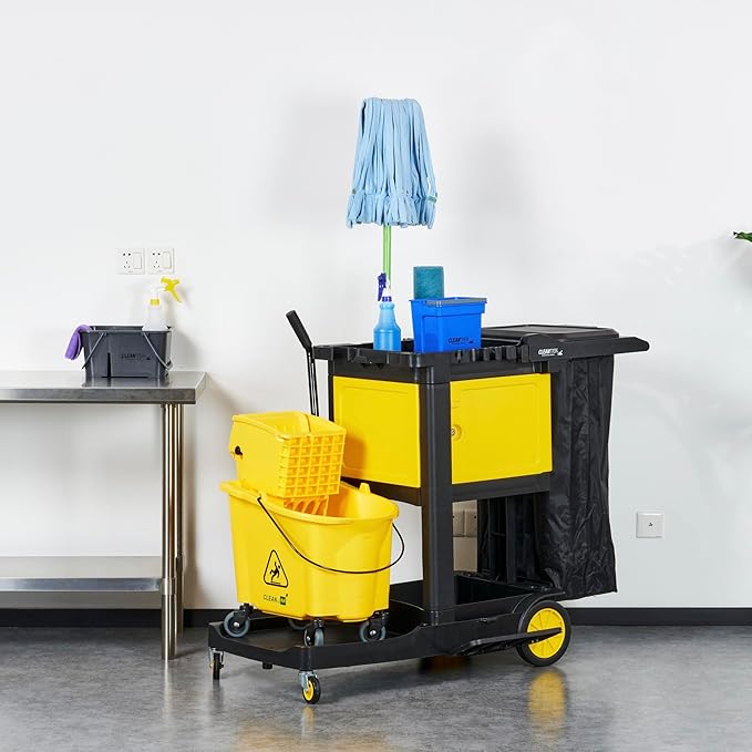 Restaurantware-Clean Tek Professional 3-Shelf Janitor Cart with Wheels, 1 Cleaning Trolley with Cover and 21 Gallon Bag - Includes 1 Single Locking Cabinet, Heavy-Duty, Gray Plastic Janitorial Cart