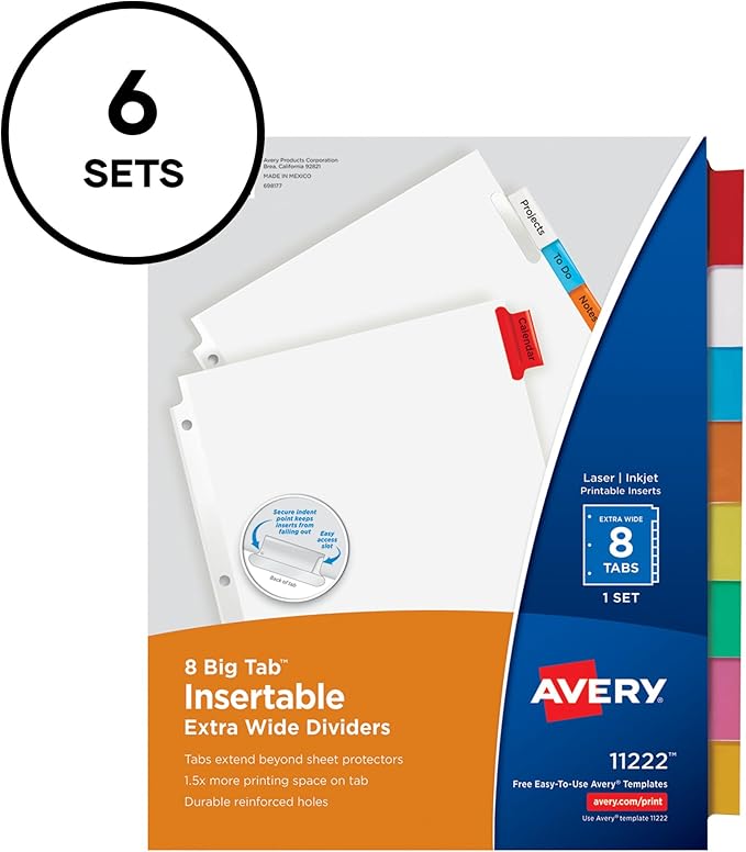 Avery Big Tab Extra-Wide Insertable Dividers for 3 Ring Binders, 8-Tab Set, Multicolor, 6 Sets (21211)