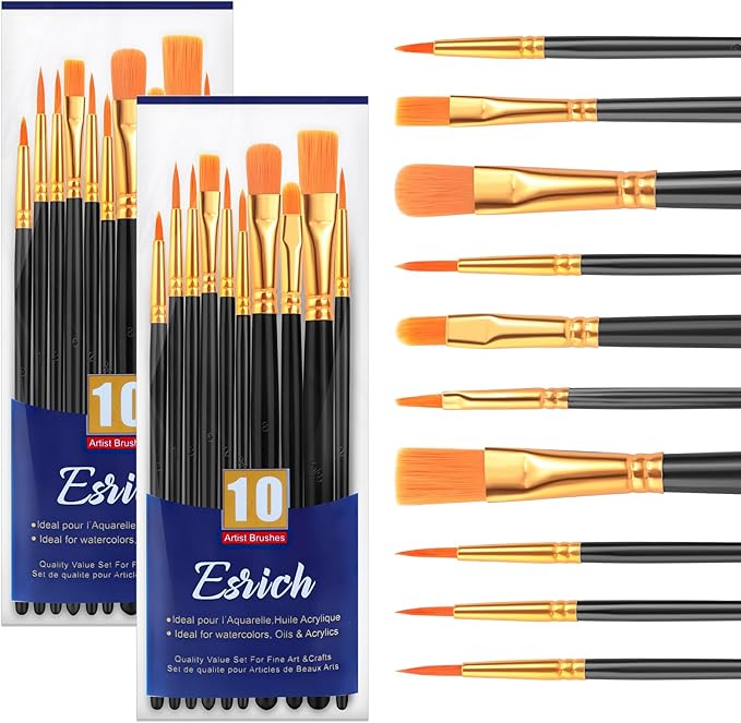 ESRICH Paint Brushes Set,2 Packs 20 Pcs Acrylic Paint Brush Set,Watercolor Oil Acrylic Nylon Hair Brushes,Artist Paintbrushes for Acrylic Oil Watercolor Painting Artist Professional Kits,Black