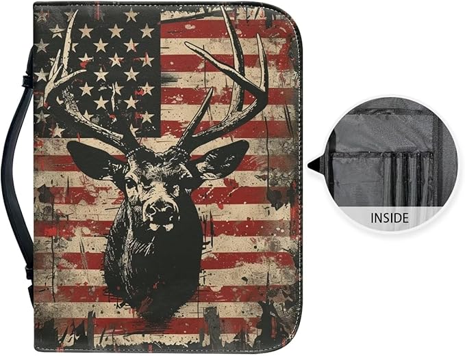 Lotusorchid American Flag Deer Printed Bible Bags, Faux Leather Bible Covers with Handle Pockets for Women, Portable Sturdy Bible Bag for Girls Ages 8-12, Christian Bible Study Accessories