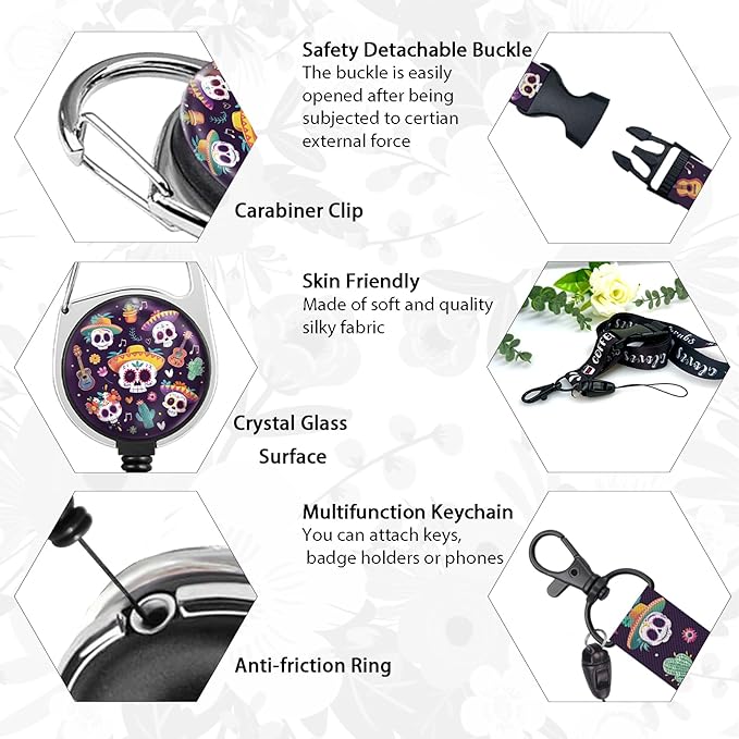 Giancomics Day of The Dead Lanyards for Id Badges, Sugar Skull ID Badge Holder with Lanyard Badge Reel Retractable, Spooky Lanyard with ID Holder Keychain Clip Name Tag ID Card Holder Women Office