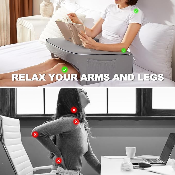Lap Desk Pillow for Bed, Soft Arm Rest Pillow, Reading Lap Pillow, Memory Foam Reading Pillow, Laptop Lap Desk for arms for Reading, Working in Bed Couch(Grey)
