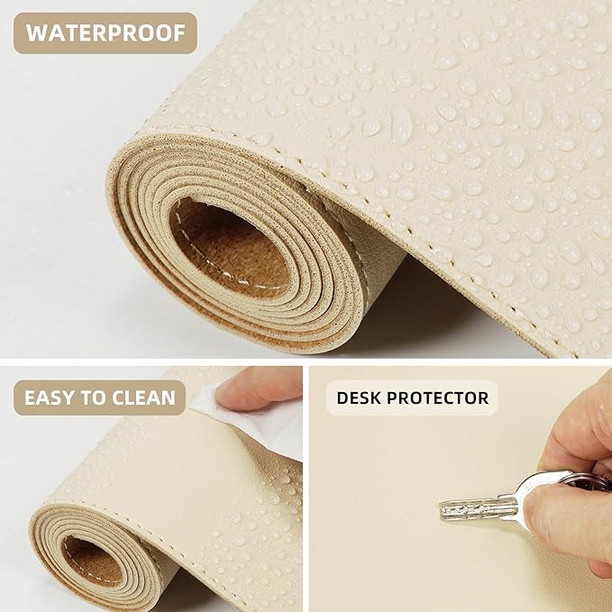Leather Desk pad Protector, Large Desk mat with Natural Cork & PU Leather,Mouse pad,Non-Slip Office Desk Mat,Waterproof Desk Writing Pad for Office and Home (47in*17in, Apricot)